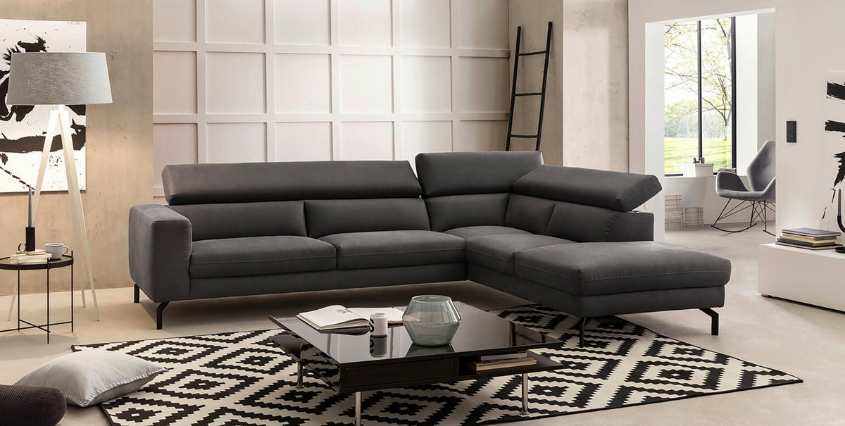 ECKSOFA Mikrofaser Dunkelgrau  - Dunkelgrau/Schwarz, Modern, Textil/Metall (305/233cm) - Trendmanufaktur