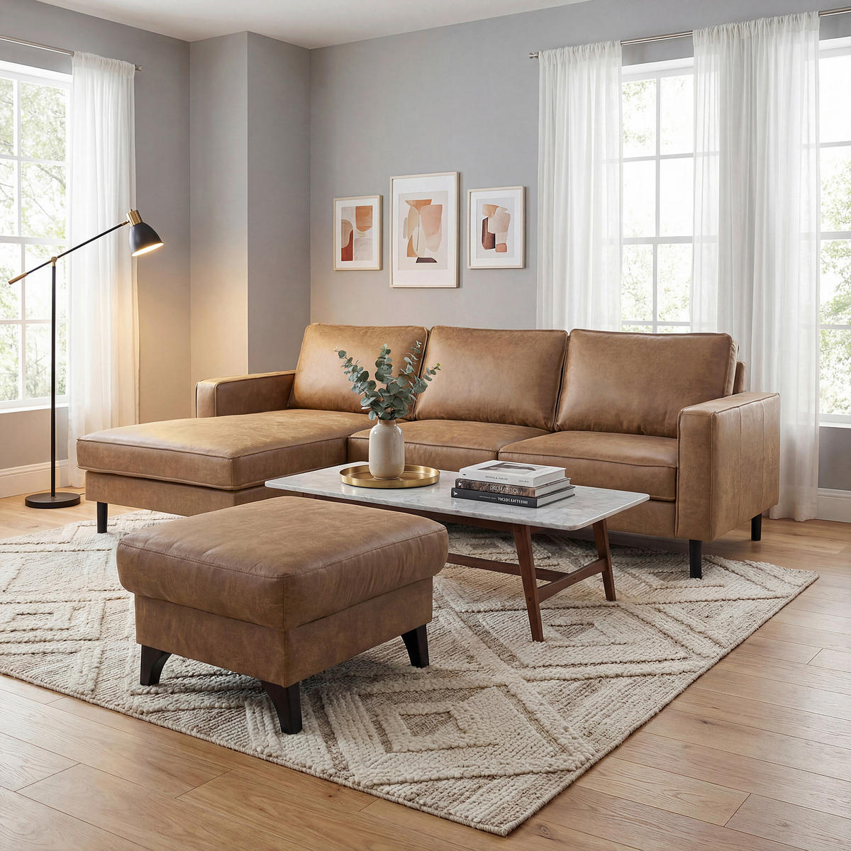 ECKSOFA Beige Echtleder Lederlook Rücken echt  - Beige, Design, Leder/Textil (166/238cm) - Livetastic