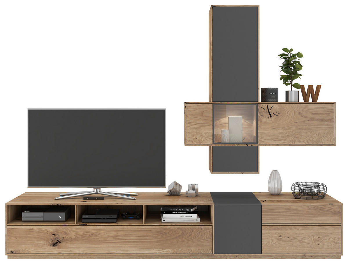 WOHNWAND  in Anthrazit, Eichefarben 265/205/50 cm  - Eichefarben/Anthrazit, Design, Glas/Holz (265/205/50cm) - Waldwelt