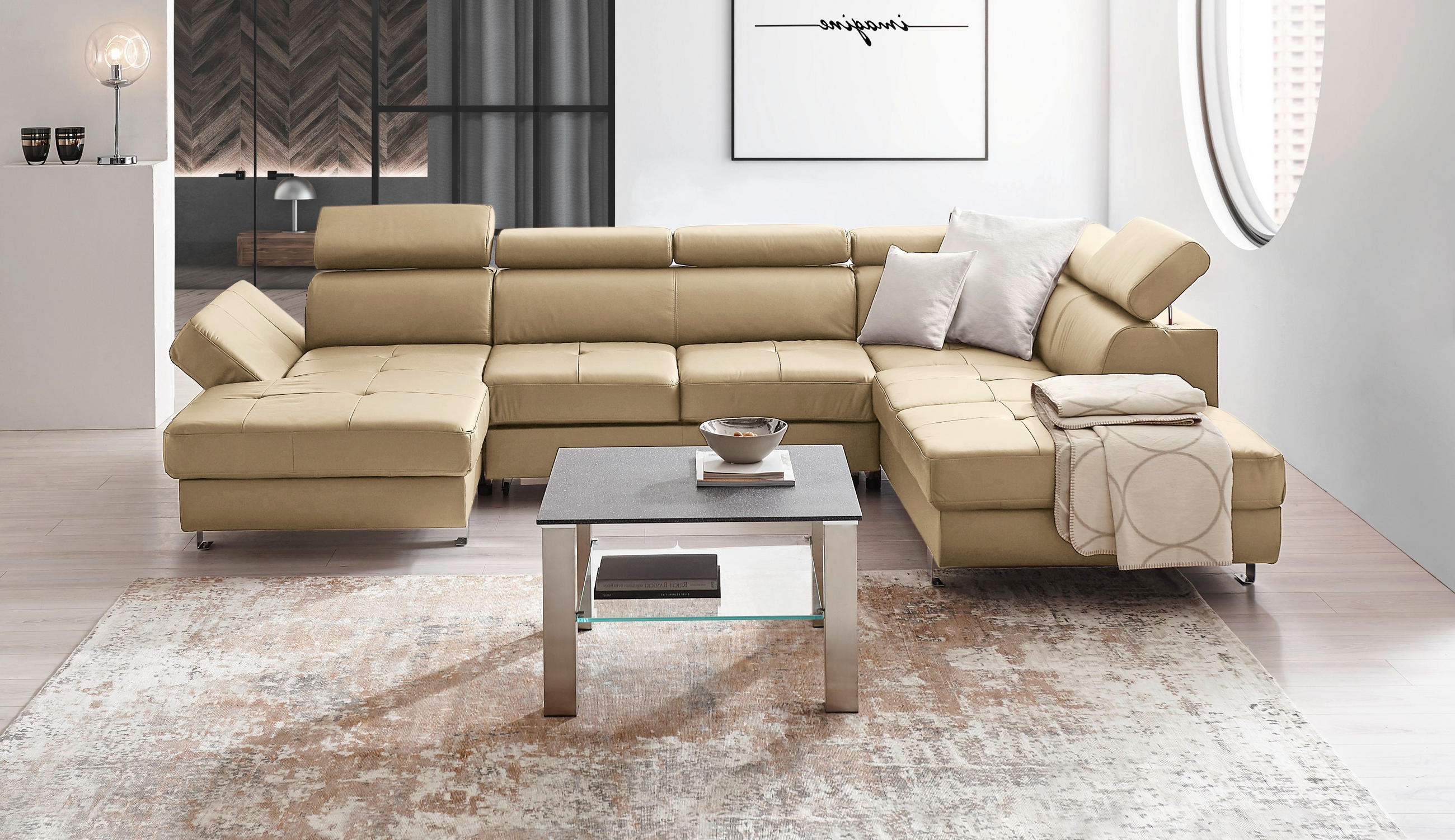 Wohnlandschaft inkl.Funktionen Ecru Kombination Echtleder/Lederlook Lederlook  - Chromfarben/Ecru, Design, Leder/Textil (157/327/212cm) - Stylife