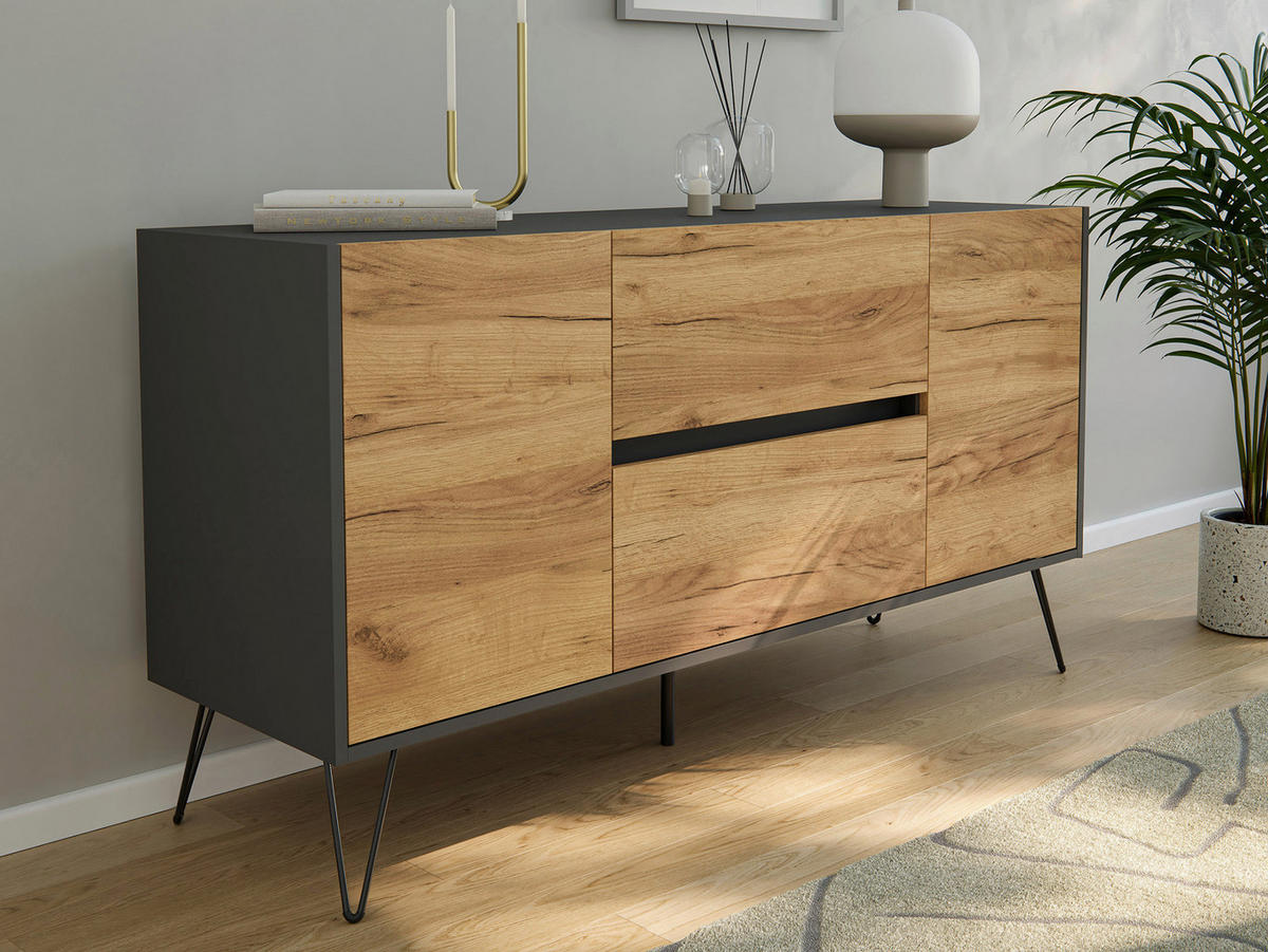 SIDEBOARD Posseik Industrial 139/75,8/42 cm 2 Schublade(n)  - Eichefarben/Graphitfarben, Design, Holzwerkstoff/Metall (139/75,8/42cm) - MID.YOU