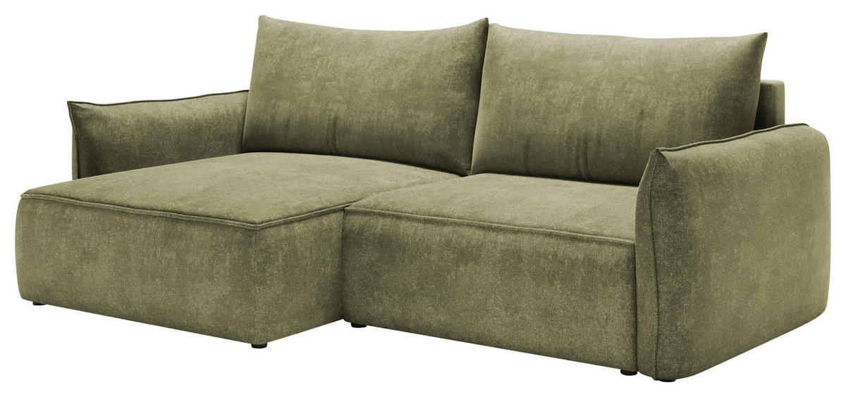 ECKSOFA Dunkelgrün Struktur Rückenkissen, Bettkasten, Schlaffunktion, Rücken echt, Liegefläche im Originalstoff  - Dunkelgrün/Schwarz, KONVENTIONELL, Kunststoff/Textil (148/266cm) - Milino