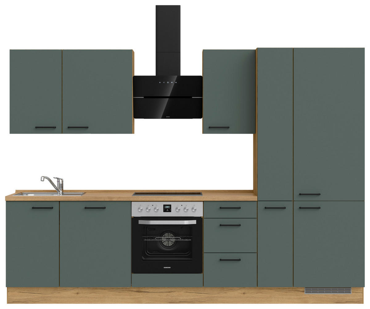 KÜCHENBLOCK 300 cm   in Eichefarben, Dunkelgrün  - Dunkelgrün/Eichefarben, MODERN, Holzwerkstoff/Metall (300cm) - Nobilia
