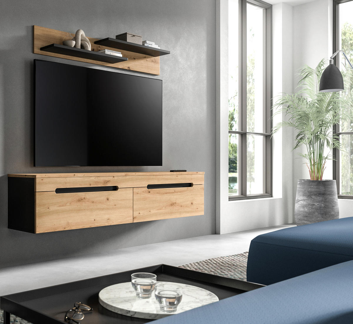 TV-BÄNK  170/38/33 cm  hängande  - ek Artisan/svart, Design, trämaterial/plast (170/38/33cm) - Livetastic