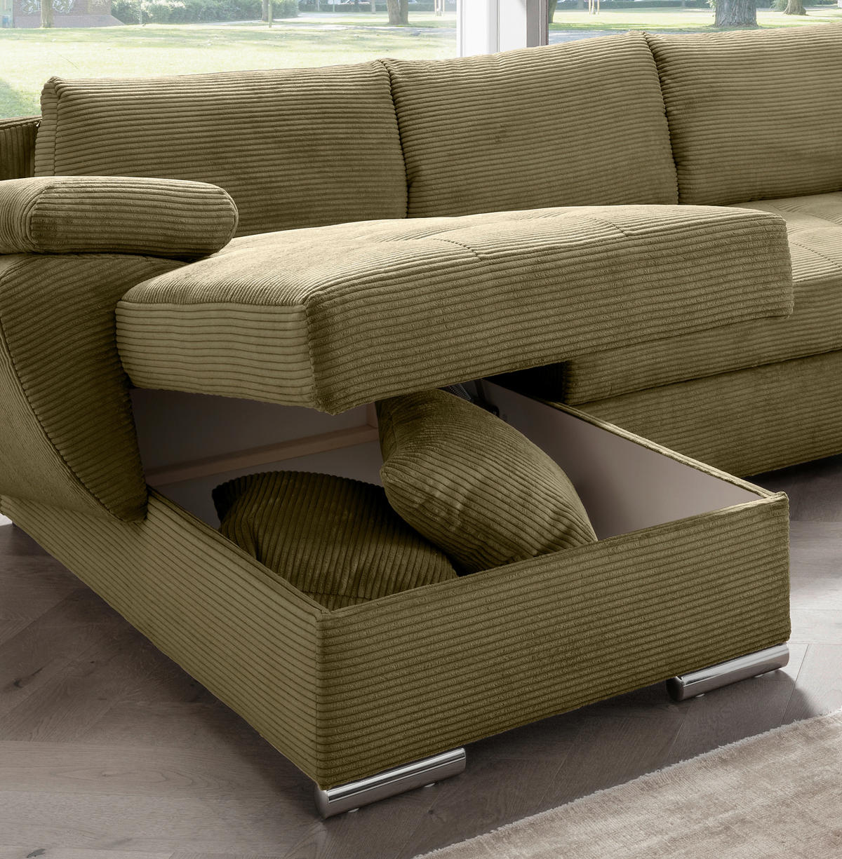 WOHNLANDSCHAFT in Cord Olivgrün  - Chromfarben/Olivgrün, KONVENTIONELL, Textil/Metall (157/305/219cm) - Livetastic