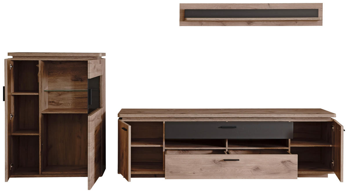 WOHNWAND 3-teilig  in Anthrazit, Eiche dunkel  310/181/50 cm  - Eiche dunkel/Anthrazit, KONVENTIONELL, Glas/Holzwerkstoff (310/181/50cm) - Cantus