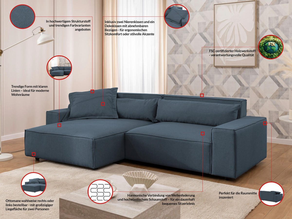 ECKSOFA Curduroy in Webstoff Blau Rückenkissen  251/142 cm  - Blau/Schwarz, Design, Kunststoff/Textil (251/142cm) - P & B