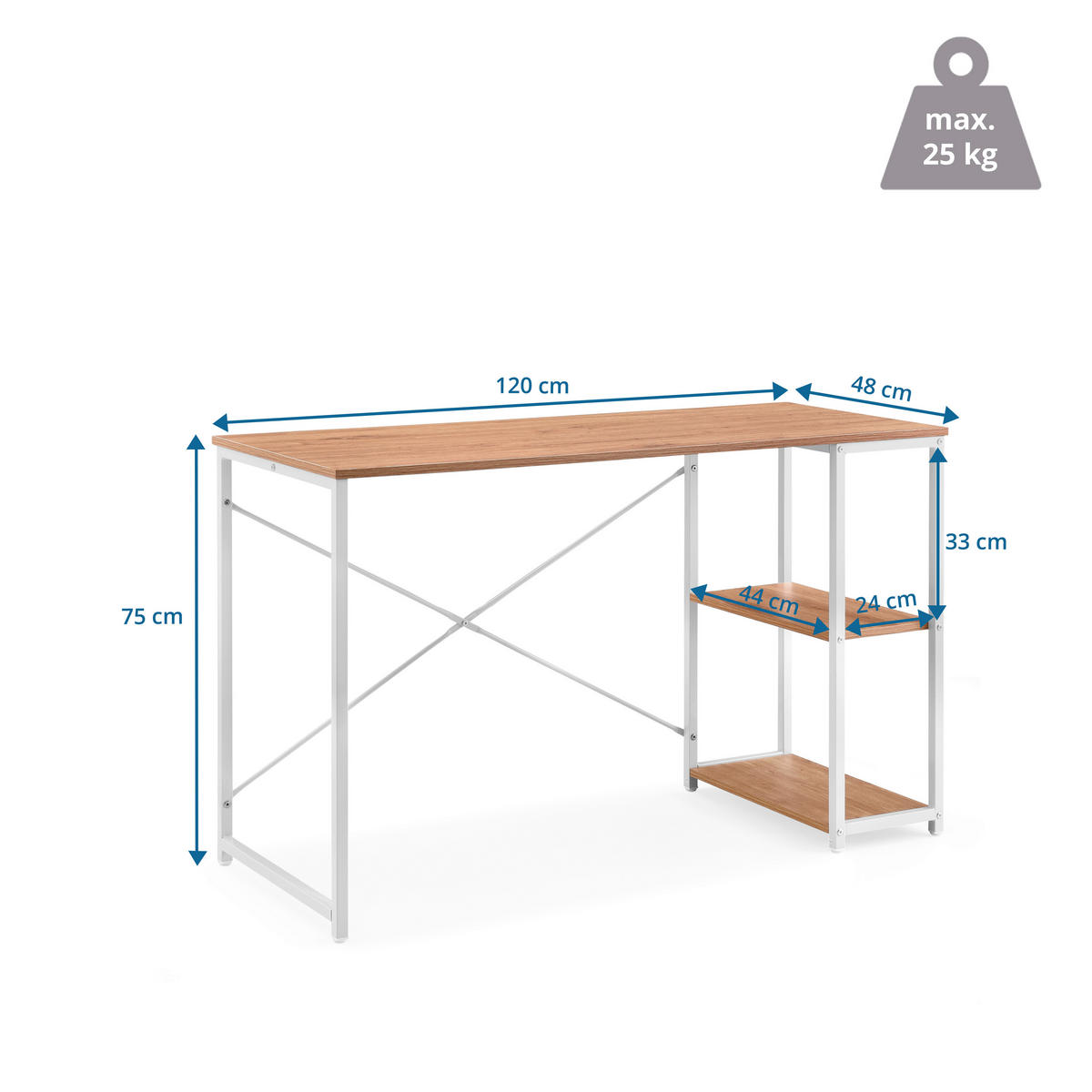 COMPUTERTISCH 120/48/75 cm  in Weiß, Eichefarben  - Eichefarben/Weiß, MODERN, Holz/Metall (120/48/75cm) - MID.YOU