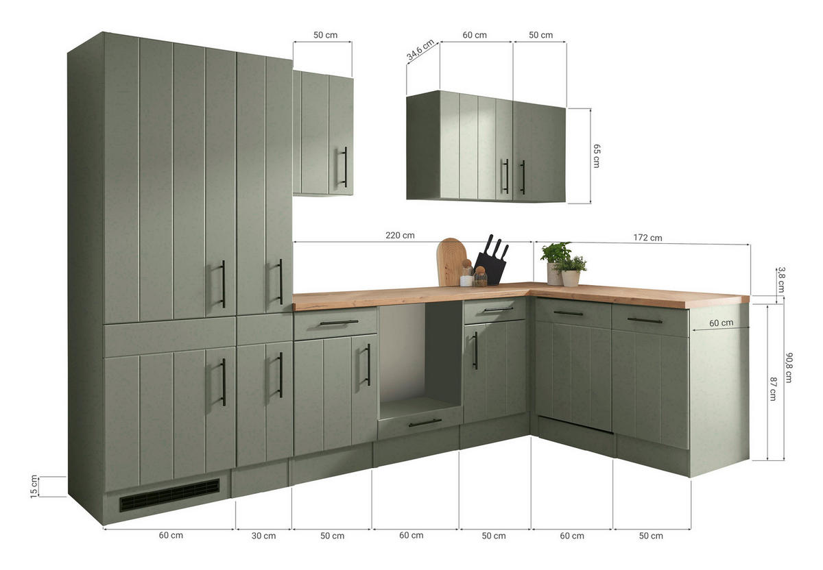 KÜCHENLEERBLOCK 310 cm   in Wildeiche, Schilfgrün  - Schilfgrün/Wildeiche, Trend, Holzwerkstoff/Metall (310cm) - Respekta