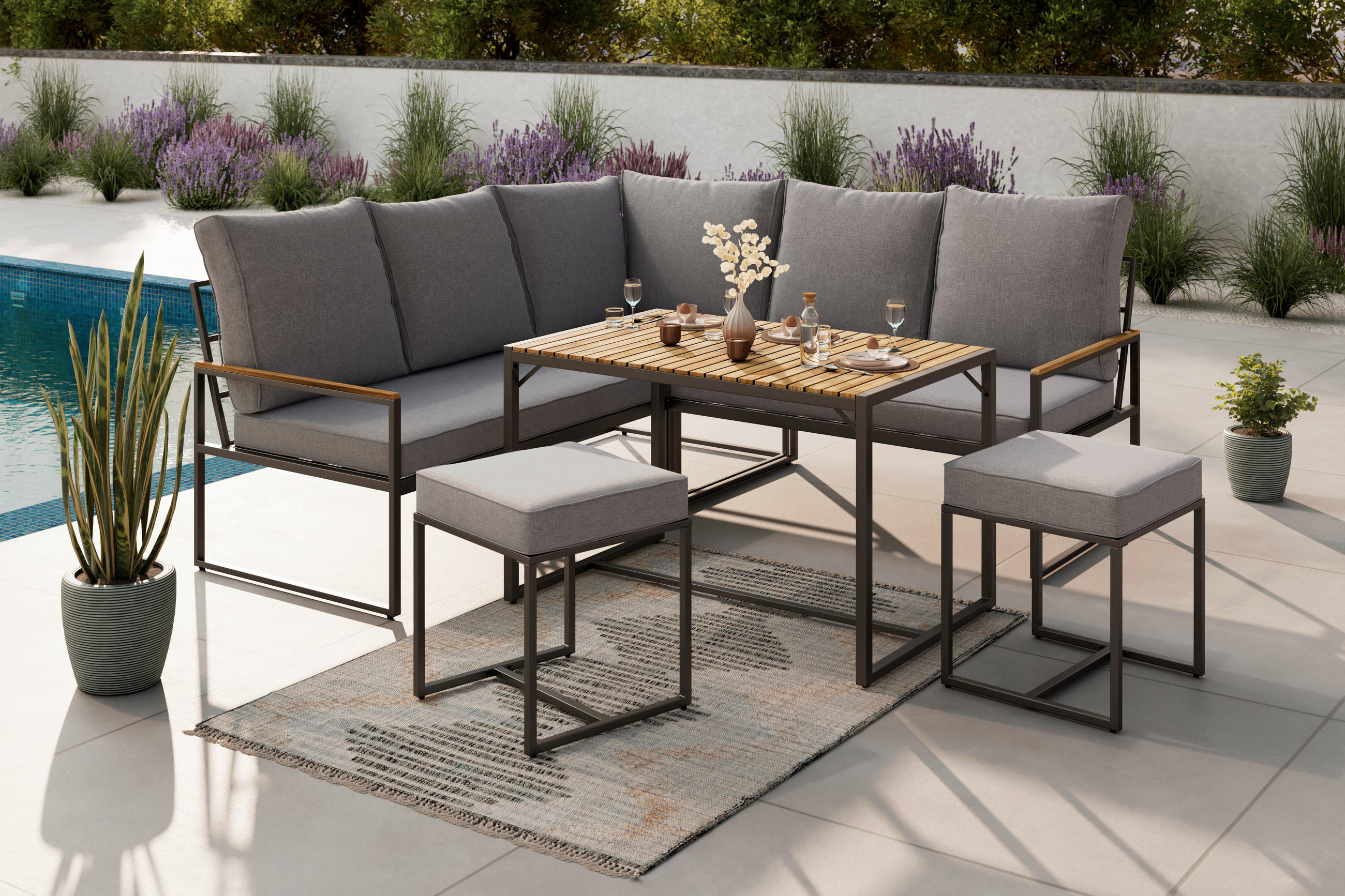 DINING-LOUNGESET   - Schwarz/Akaziefarben, Design, Holz/Textil (205/205cm) - Ambia Garden