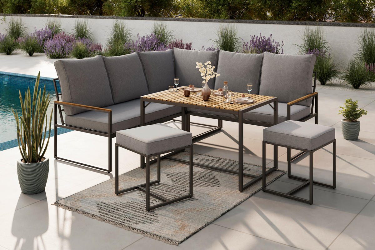 DINING-LOUNGESET   - Schwarz/Akaziefarben, Design, Holz/Textil (205/205cm) - Ambia Garden