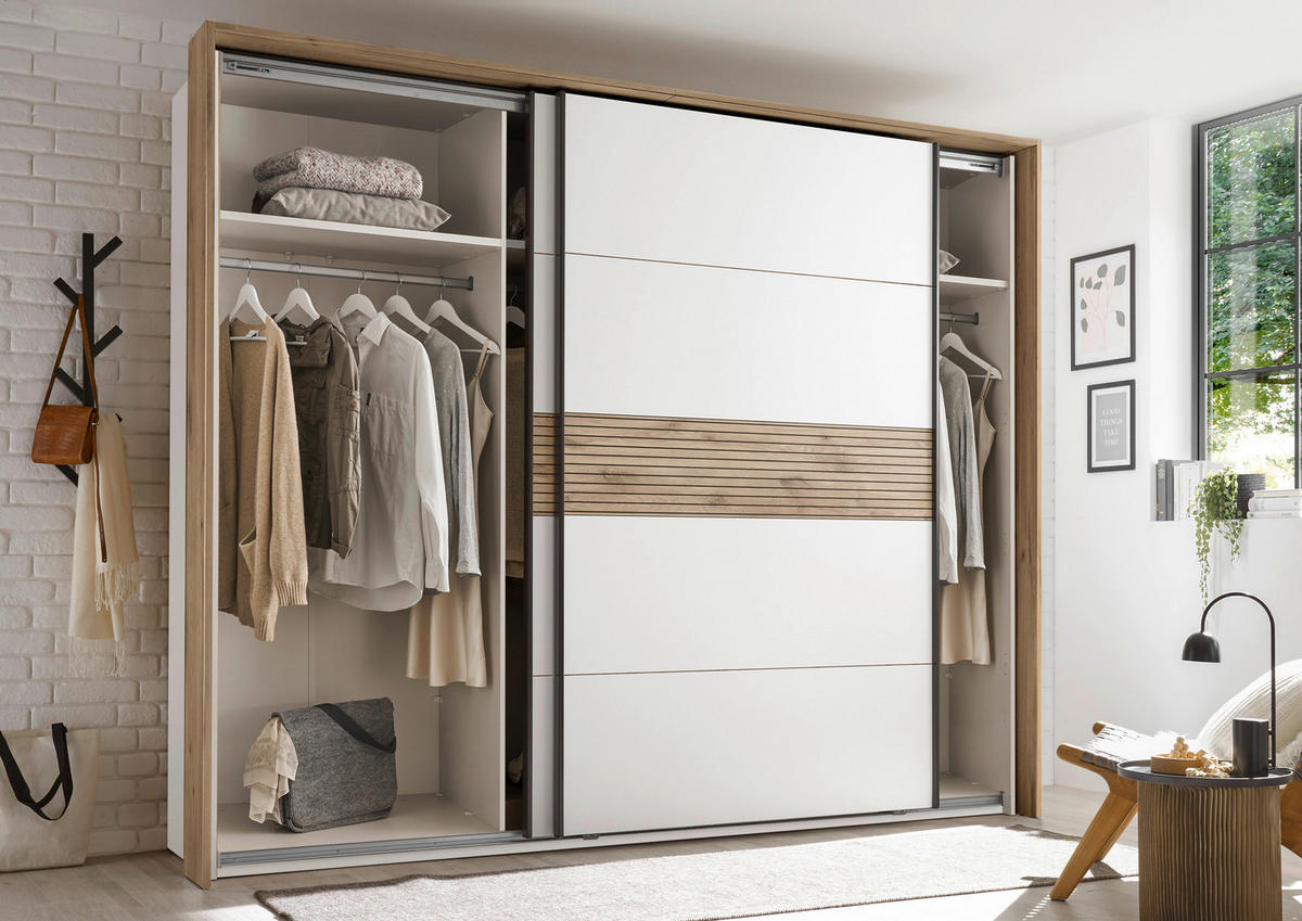OMARA Z DRSNIMI VRATI, bela, barve hrasta  - črna/barve hrasta, Moderno, kovina/leseni material (279/229,4/63cm) - Hom`in