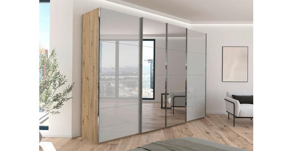 SCHWEBETÜRENSCHRANK  in Eiche Artisan, Seidengrau  - Chromfarben/Seidengrau, Design, Glas/Holzwerkstoff (316/235/68cm) - Novel