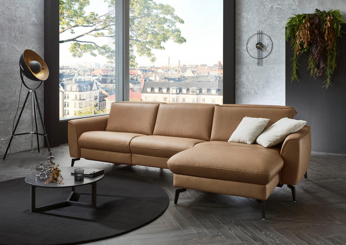 ECKSOFA in Echtleder Haselnussfarben  - Schwarz/Haselnussfarben, Natur, Leder/Metall (281/168cm) - Valdera