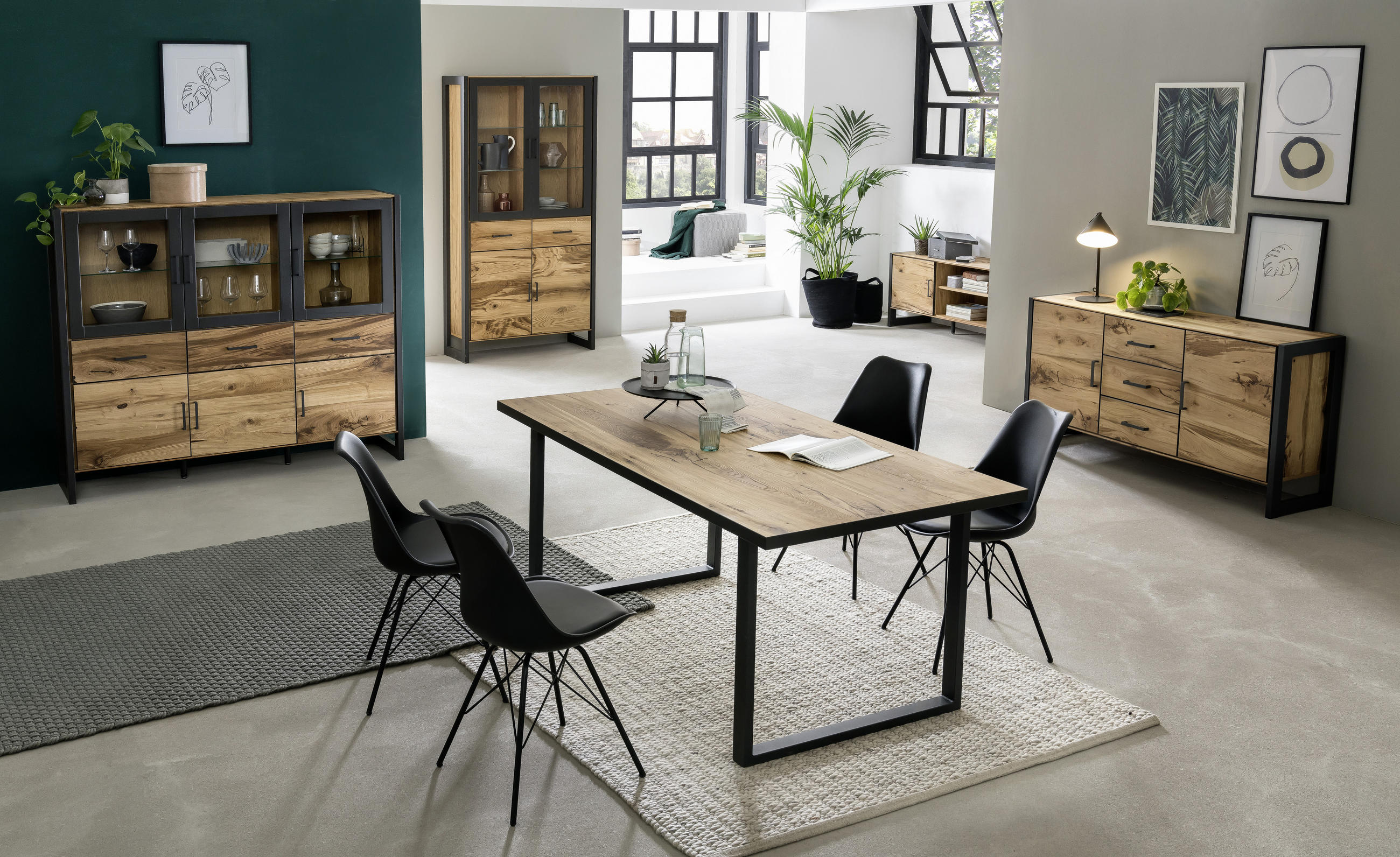 VITRINE Eiche furniert Graphitfarben, Alteiche - Alteiche/Graphitfarben, Trend, Glas/Holz (98/199/40cm) - Carryhome