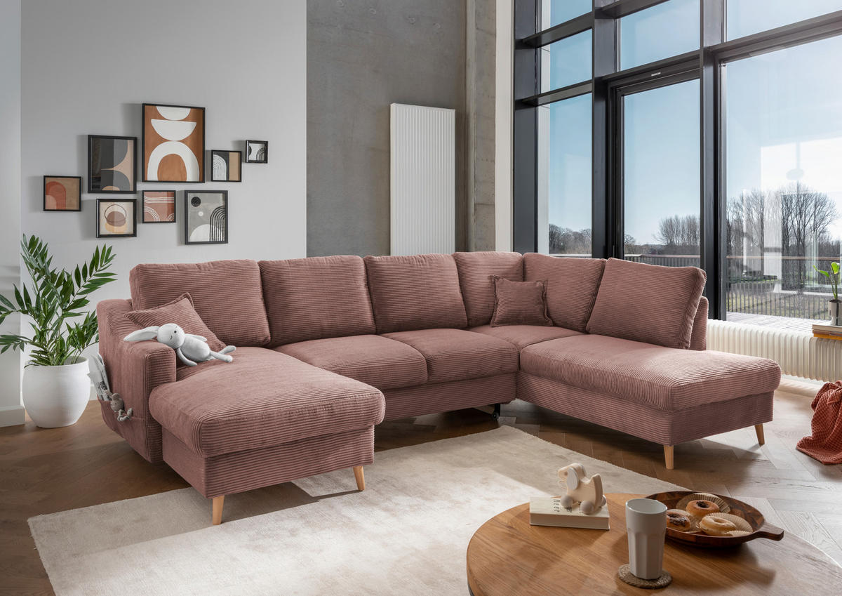 WOHNLANDSCHAFT in Cord Rosa  - Naturfarben/Rosa, KONVENTIONELL, Holz/Textil (150/301/200cm) - P & B