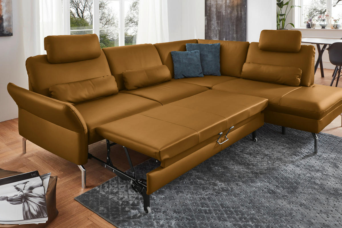 ECKSOFA in Echtleder Senfgelb  - Senfgelb/Alufarben, Konventionell, Leder/Metall (284/220cm) - Beldomo Premium