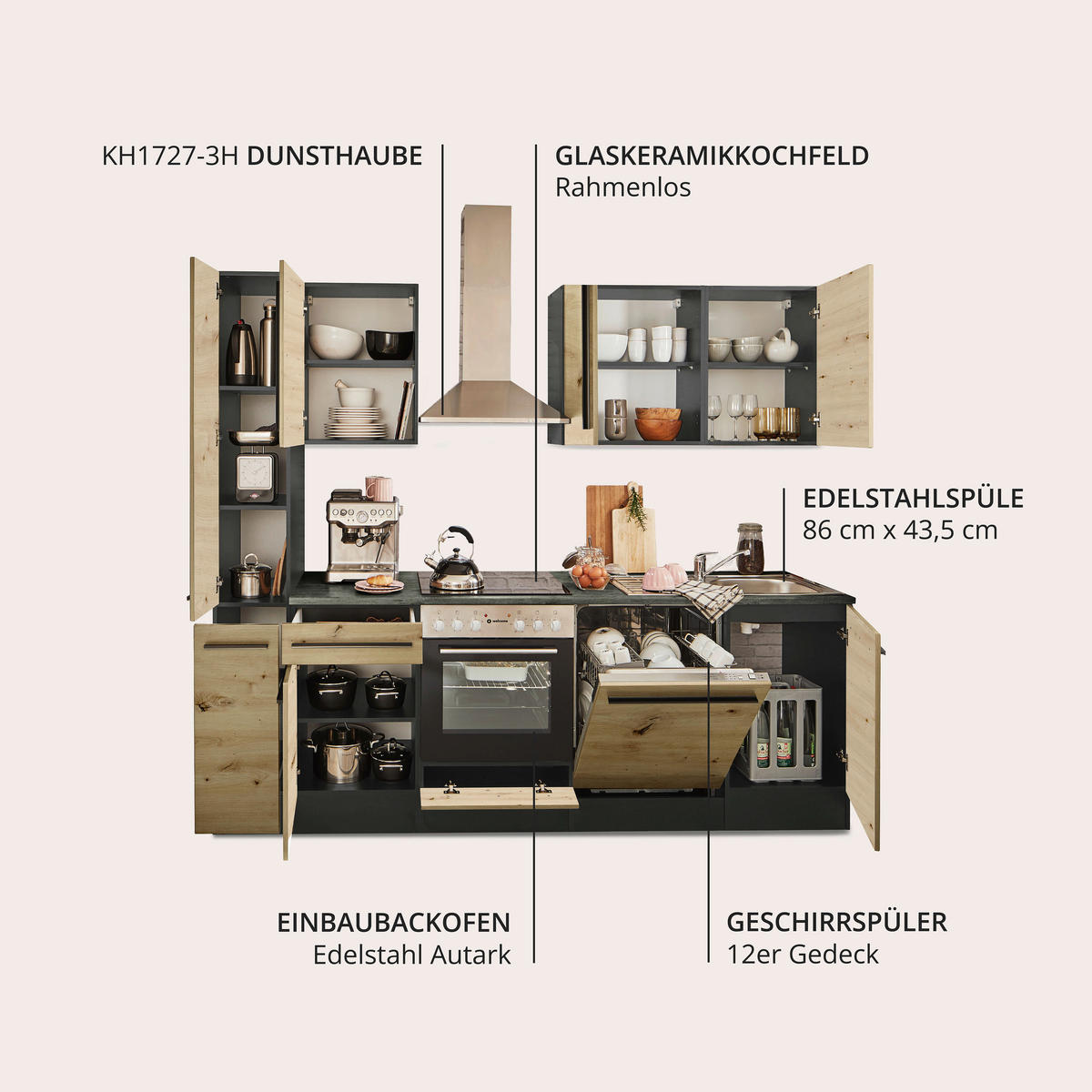 KÜCHENBLOCK   in Anthrazit, Eiche Artisan  - Anthrazit/Schwarz, LIFESTYLE, Holzwerkstoff/Kunststoff (250cm) - MID.YOU