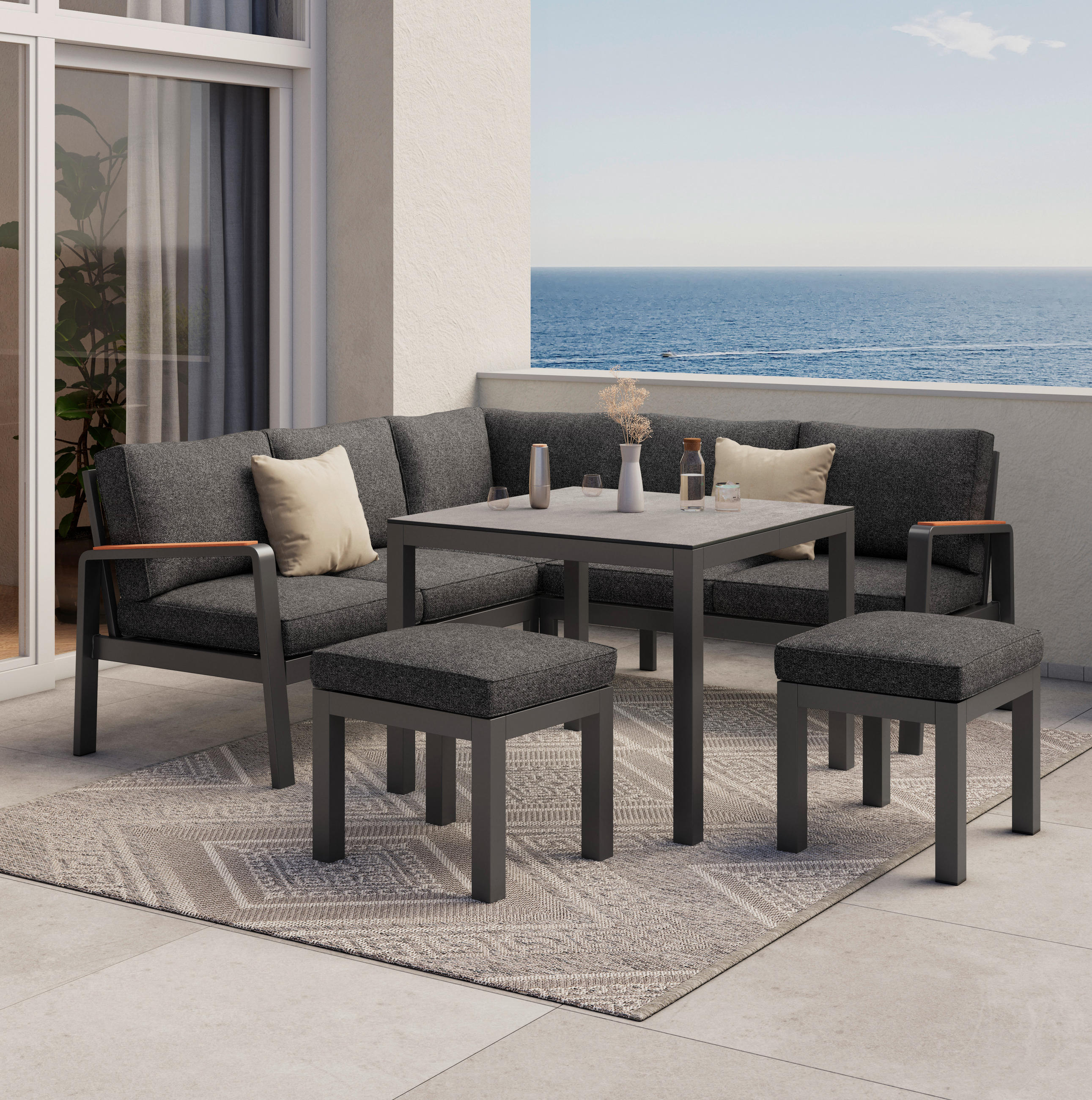 LOUNGE GARNITÚRA 4 részes  193/193 cm   - fekete/antracit, Modern, textil/fém (193/193cm) - Beldano
