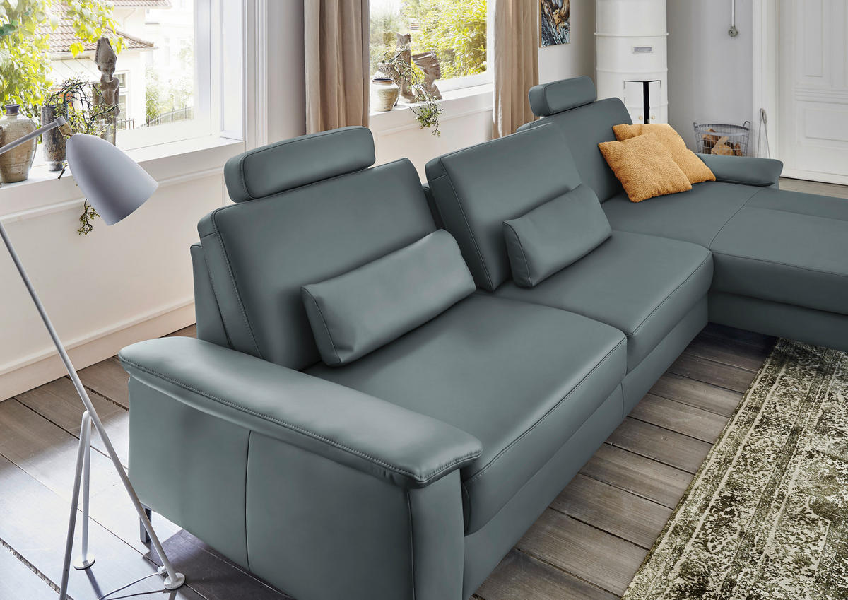 ECKSOFA in Echtleder Blaugrau  - Blaugrau/Schwarz, Design, Leder/Metall (334/176cm) - Dieter Knoll