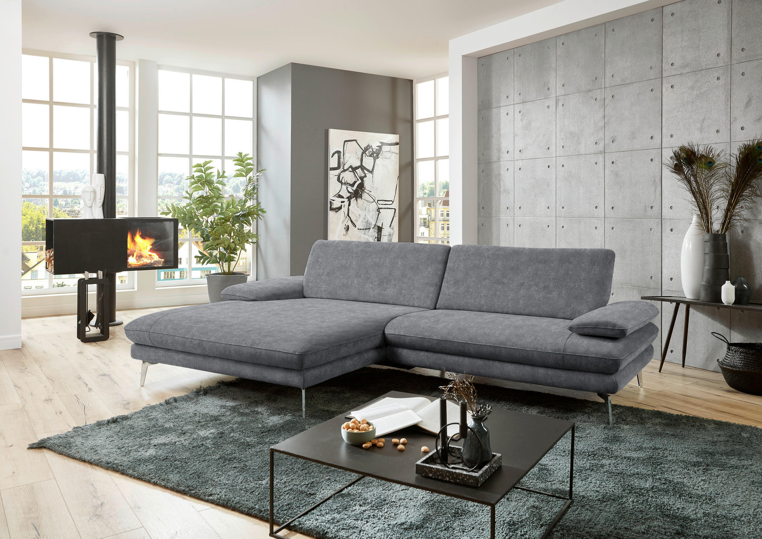 ECKSOFA in Velours Silberfarben  - Silberfarben/Schwarz, Design, Textil/Metall (184/284cm) - Dieter Knoll