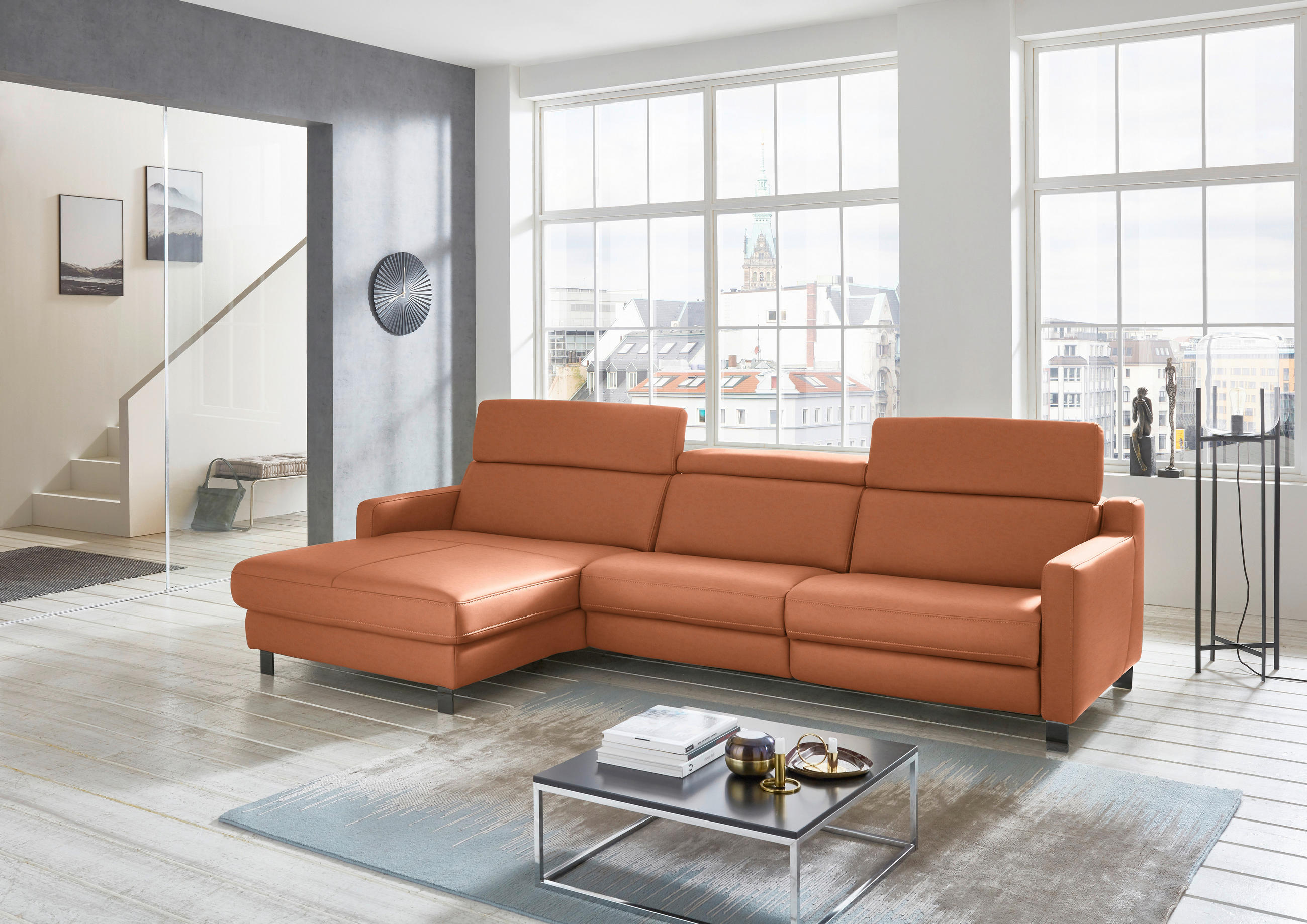 ECKSOFA in Echtleder Cognac  - Cognac/Schwarz, Design, Leder/Metall (176/291cm) - Valdera
