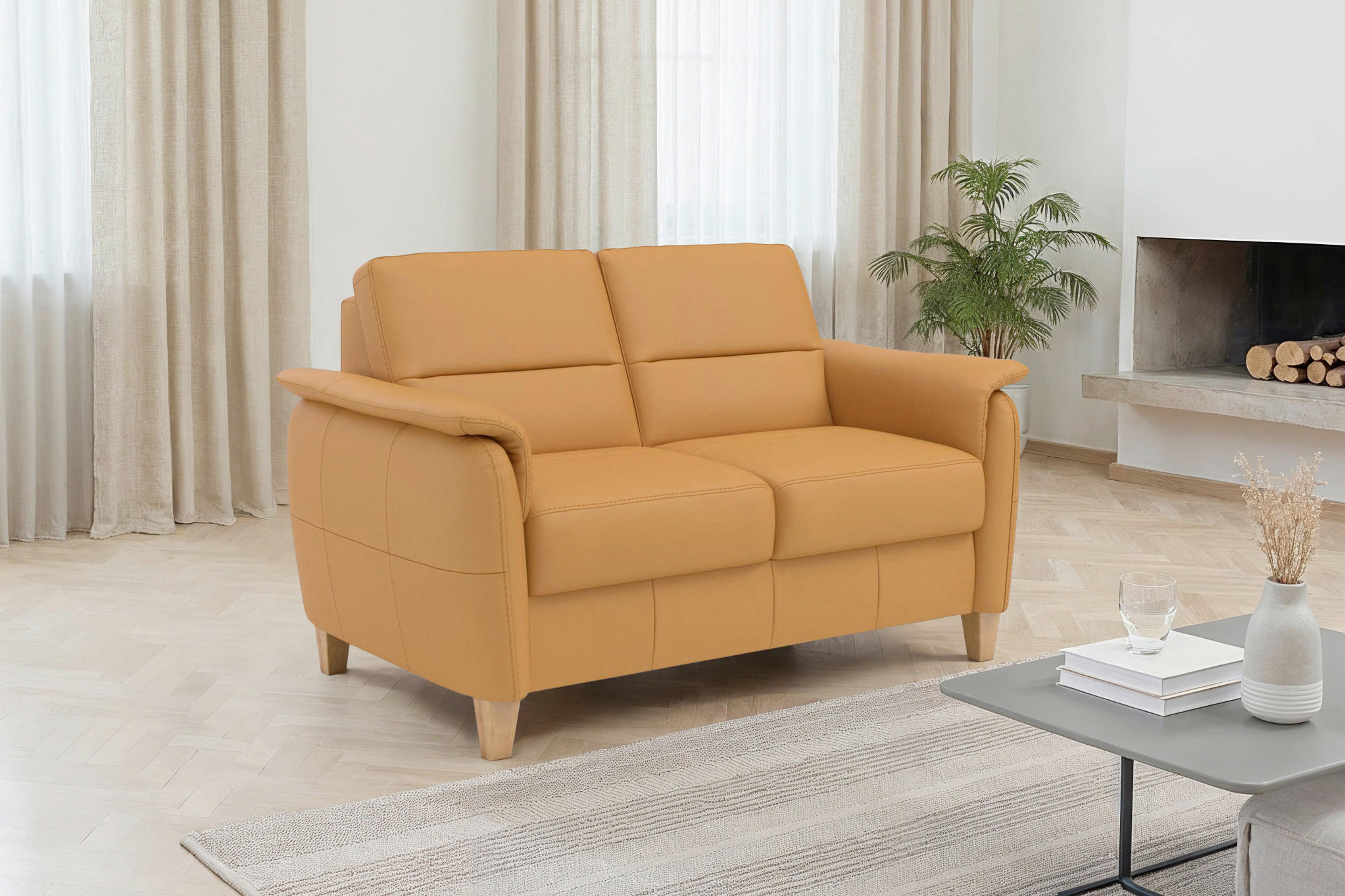 2-SITZER-SOFA PALMERA E Currygelb Echtleder  - Currygelb/Eichefarben, Basics, Leder/Holz (149/89/89cm) - Sit & More