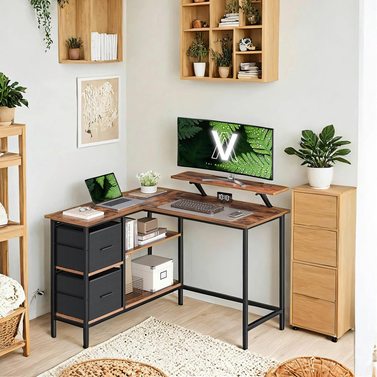 ECKSCHREIBTISCH 115/105/89,5 cm  höhenverstellbar, Stauraum, justierbare Füße  - Schwarz, Basics, Holzwerkstoff/Textil (115/105/89,5cm) - Boxxx