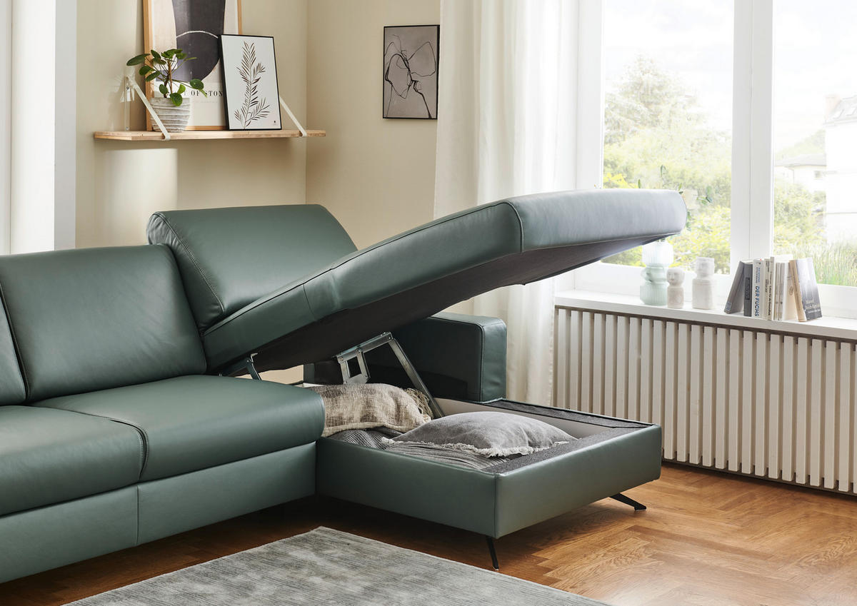 ECKSOFA Beldomo premium Opal Echtleder  - Opal/Schwarz, Design, Leder/Metall (267/165cm) - Beldomo Premium
