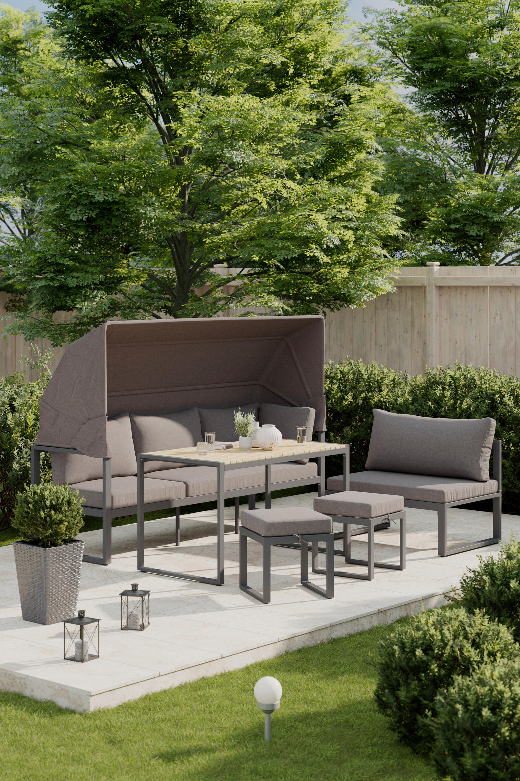 LOUNGE GARNITURA antracit, taupe, boje tikovine - boje tikovine/taupe, Konvencionalno, drvo/metal (213/146/120cm) - Ambia Garden