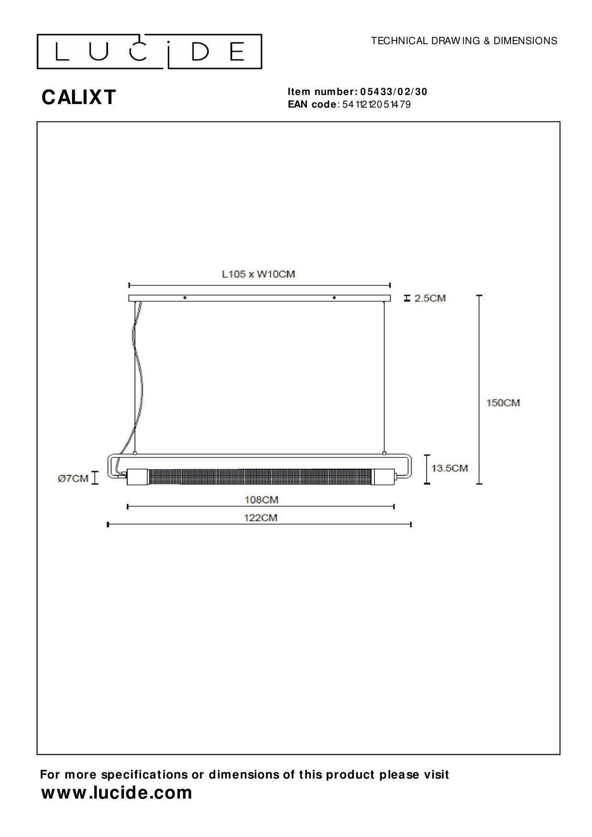 HÄNGELEUCHTE CALIXT 122/10/150 cm   - Schwarz, LIFESTYLE, Metall (122/10/150cm) - Lucide