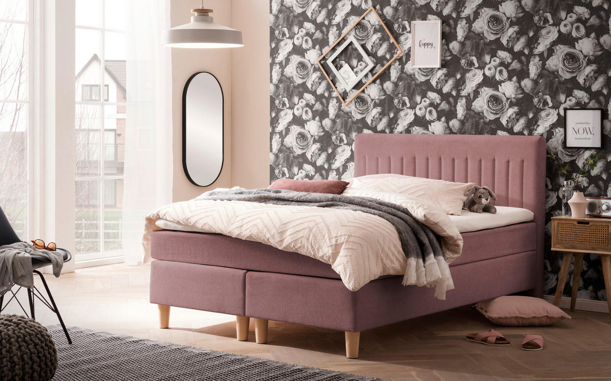 BOXSPRINGBETT 140/200 cm  in Rosa  - Buchefarben/Rosa, Basics, Holz/Textil (140/200cm) - Boxxx