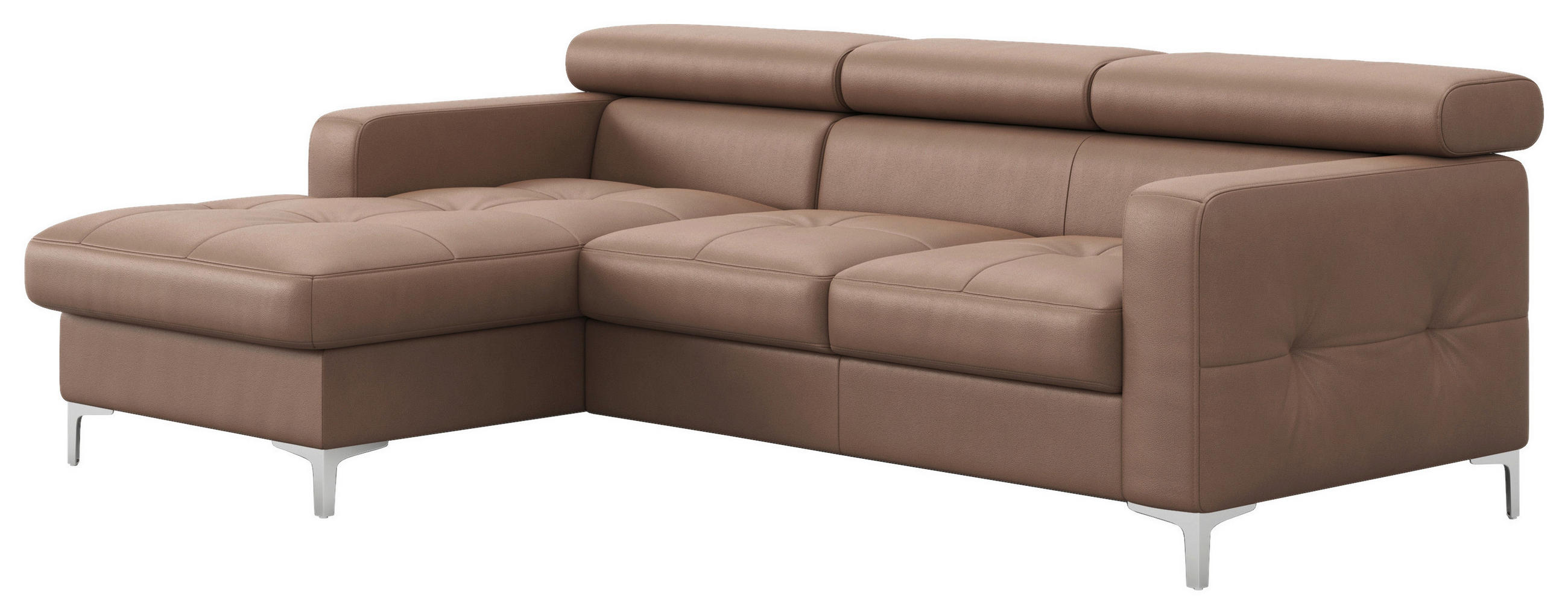 ECKSOFA Cappuccino Echtleder Bettkasten, Schlaffunktion, Rücken echt, Kopfteilverstellung, Kopfstütze  - Chromfarben/Cappuccino, Design, Leder/Metall (168/227cm) - Livetastic