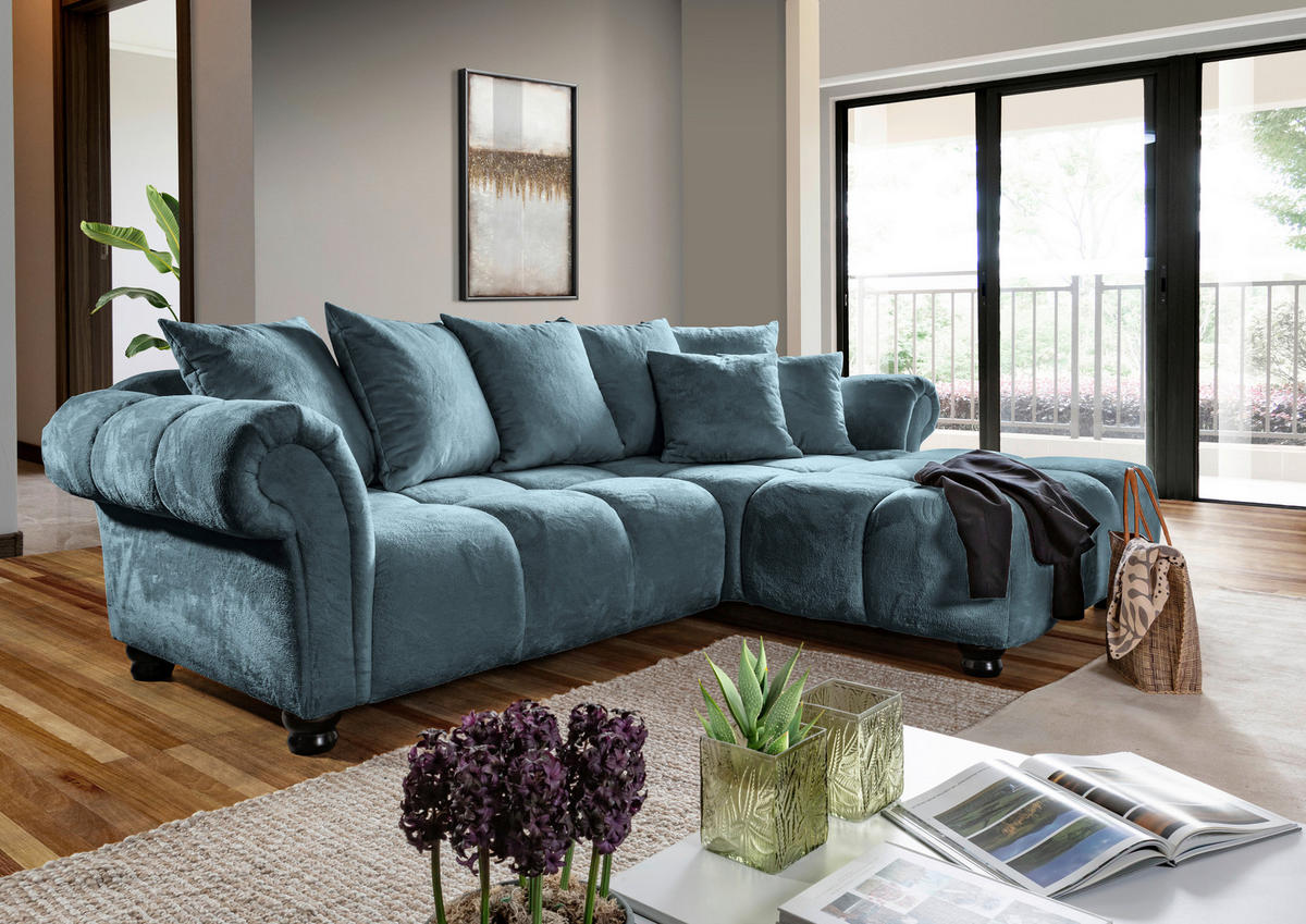 HÖRNSOFFA i plysch petrol  - petrol/mörkbrun, Klassisk, trä/textil (288/190cm) - MID.YOU