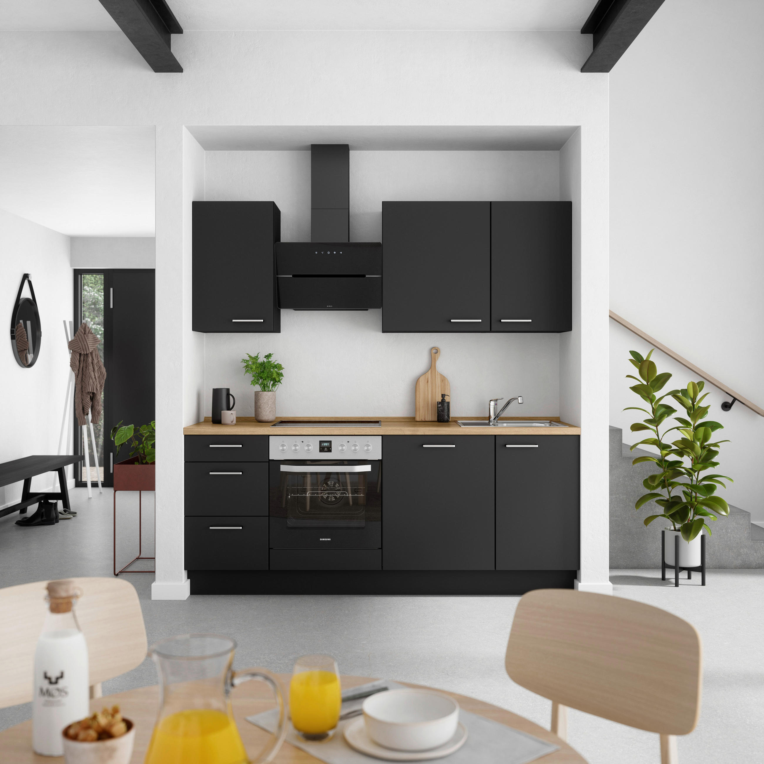 KÜCHENLEERBLOCK 210 cm   in Schwarz, Eichefarben  - Edelstahlfarben/Eichefarben, MODERN, Holzwerkstoff/Metall (210cm) - Nobilia