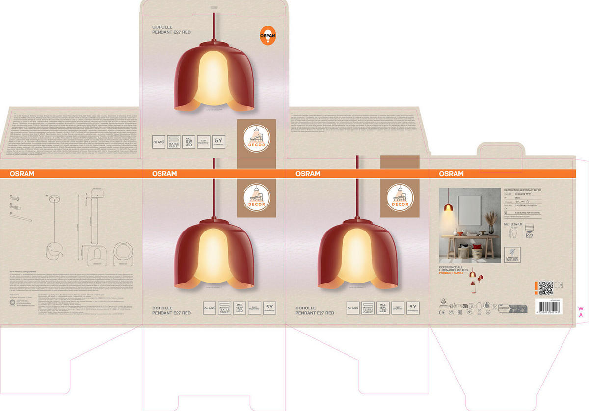 PENDELLEUCHTE 20/121,5 cm  - Rot, Basics, Glas/Metall (20/121,5cm) - Osram