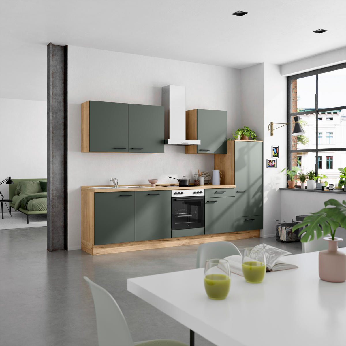 KÜCHENBLOCK Easytouch 300 cm  in Eichefarben, Dunkelgrün  - Dunkelgrün/Eichefarben, MODERN, Holzwerkstoff/Metall (300cm) - Nobilia