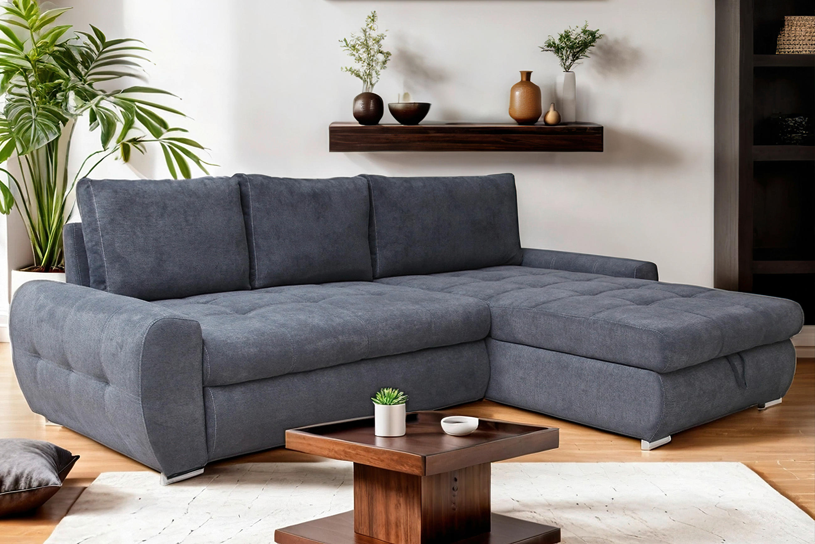 ECKSCHLAFSOFA Velours Grau  - Chromfarben/Weiß, Design, Kunststoff/Textil (277/175cm) - Livetastic
