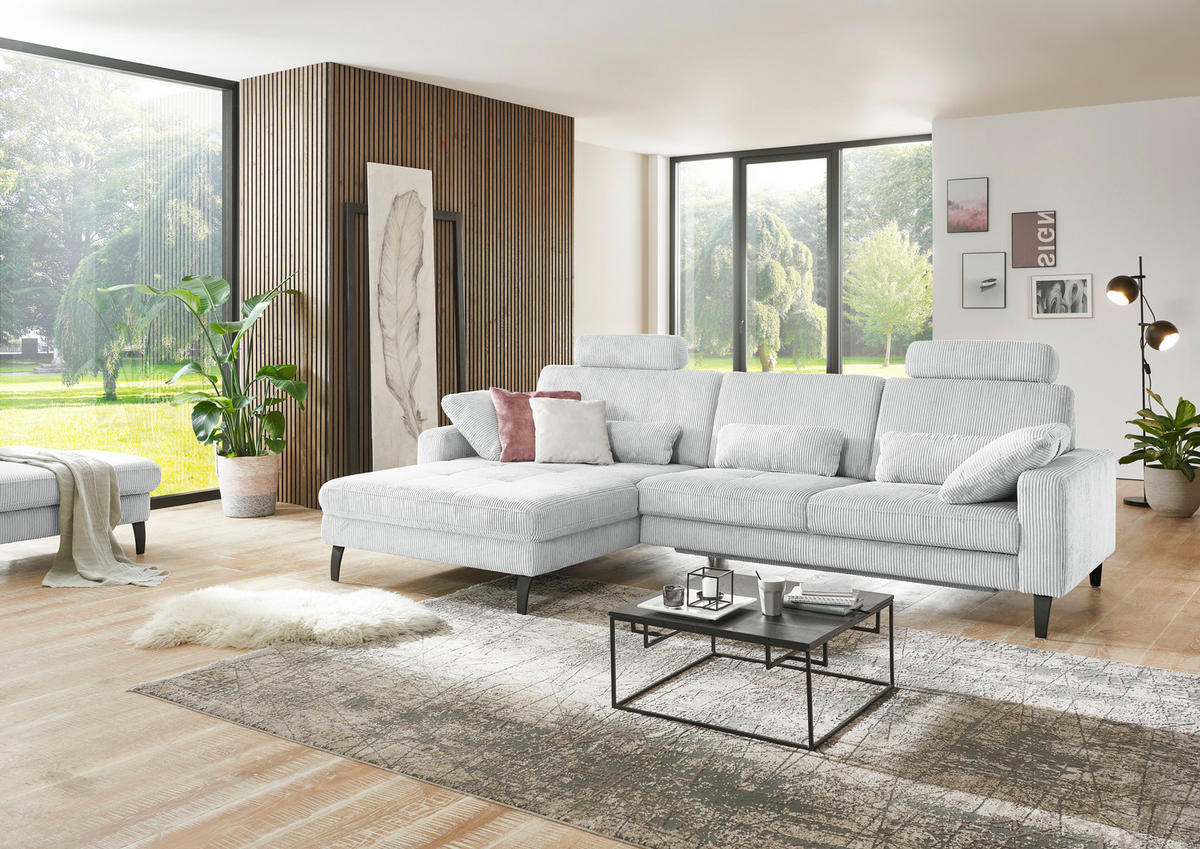 ECKSOFA in Cord Silberfarben  - Silberfarben/Schwarz, Modern, Textil/Metall (177/302cm) - Beldomo Style