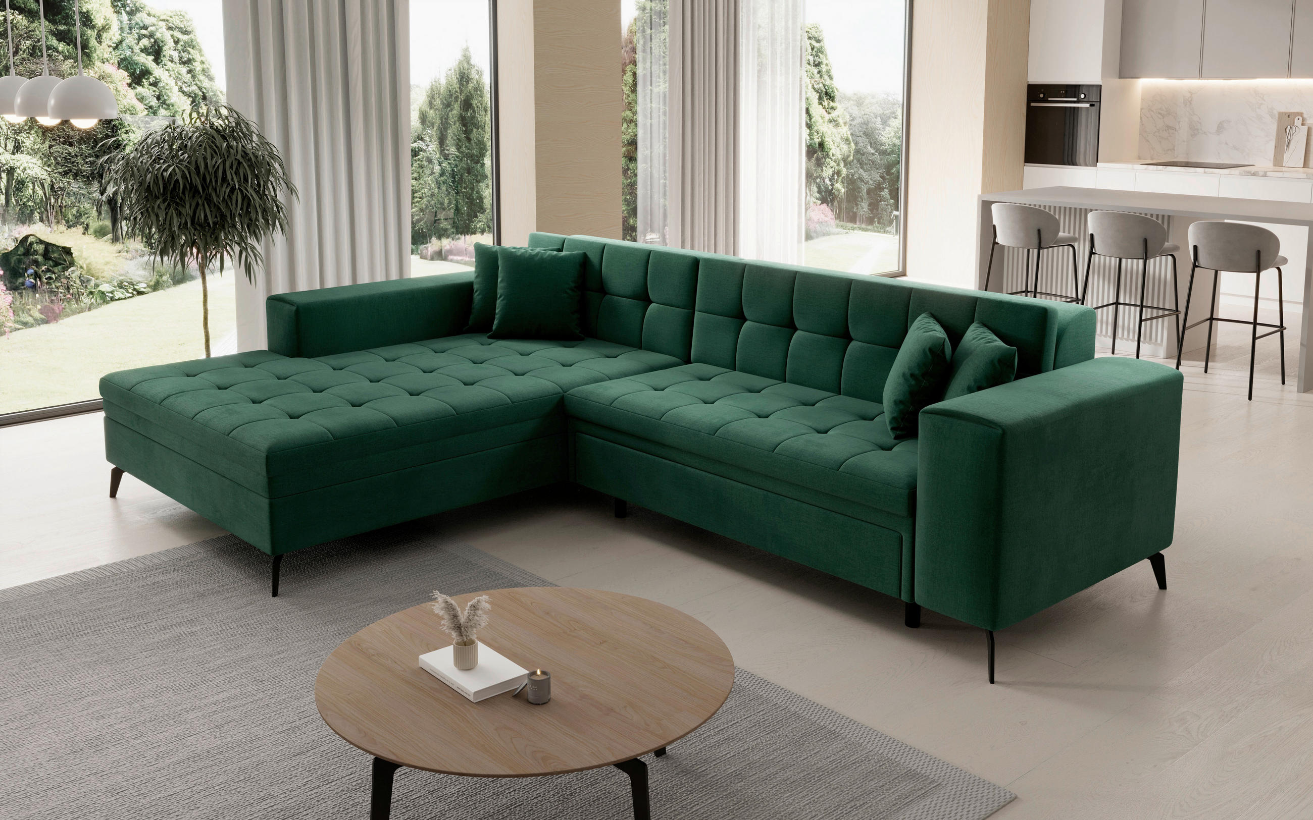 ECKSOFA in Samt Grün  196/292 cm  - Chromfarben/Grün, Design, Kunststoff/Textil (196/292cm) - MID.YOU