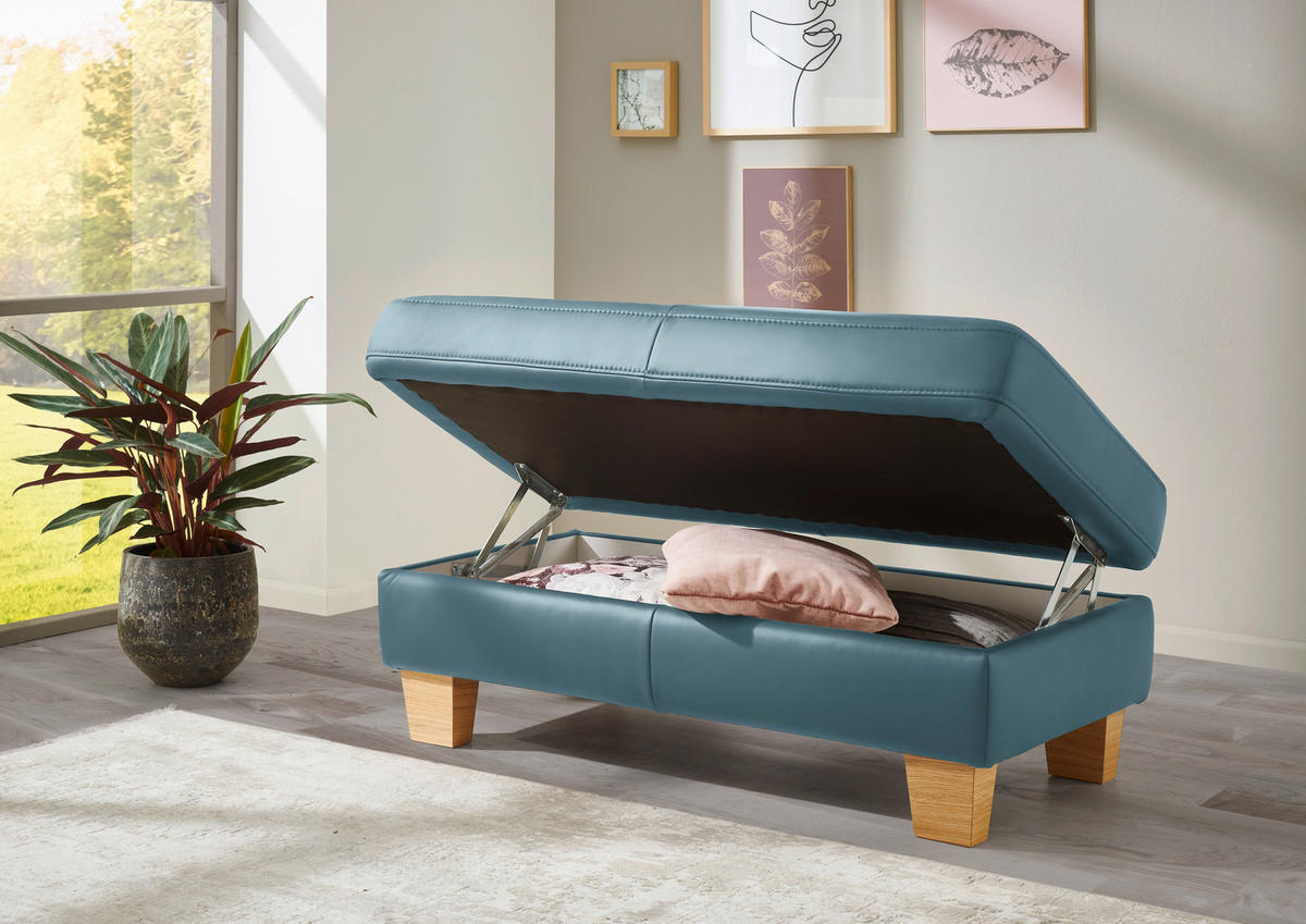 ECKSOFA in Echtleder Blau  - Blau/Eiche Bianco, Natur, Leder/Holz (235/257cm) - Valdera