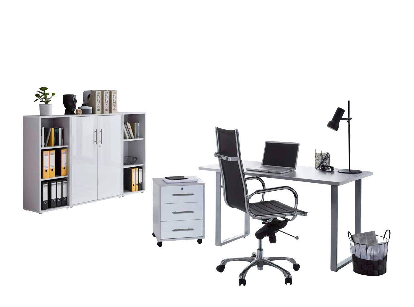 BÜRO erweiterbar, abschließbar Grau, Weiß Hochglanz - Weiß Hochglanz/Grau, MODERN, Holzwerkstoff/Metall - MID.YOU