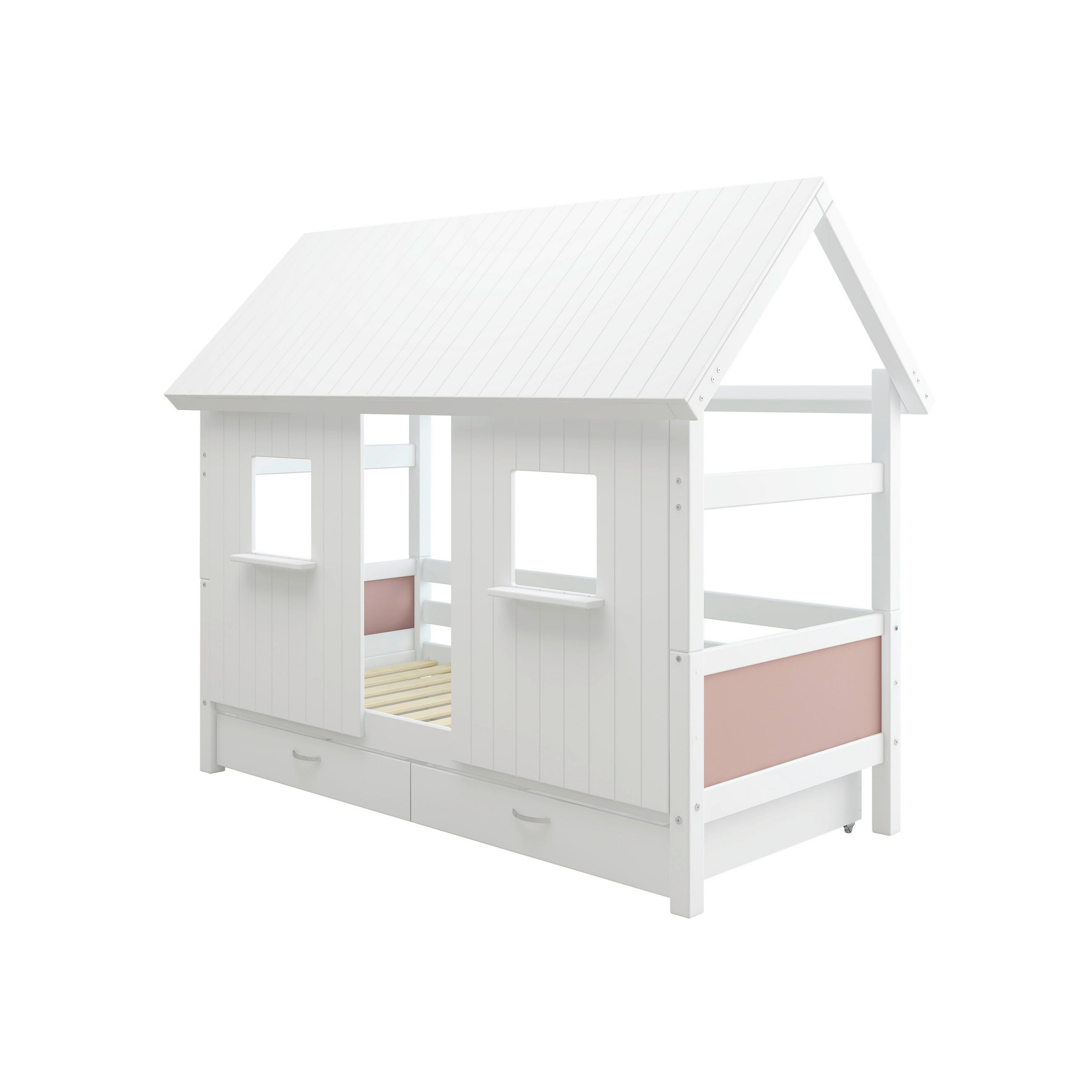 HAUSBETT 90/200 cm,  in Rosa, Weiß, Rollrost, Bettschublade  - Rosa/Weiß, MODERN, Holz (90/200cm) - Chameo
