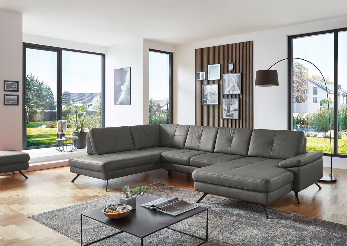 WOHNLANDSCHAFT in Lederlook, Mikrofaser Dunkelgrau  - Dunkelgrau/Schwarz, Design, Textil/Metall (220/343/179cm) - Beldomo System