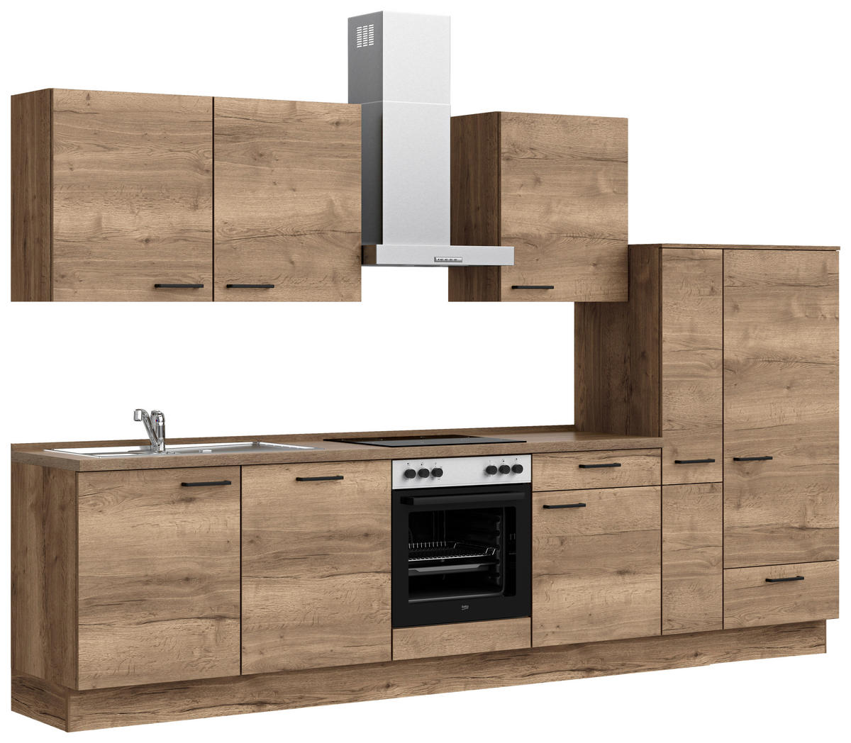 KÜCHENBLOCK 330 cm   in Eiche dunkel  - Eiche dunkel/Eichefarben, MODERN, Holzwerkstoff/Metall (330cm) - Nobilia