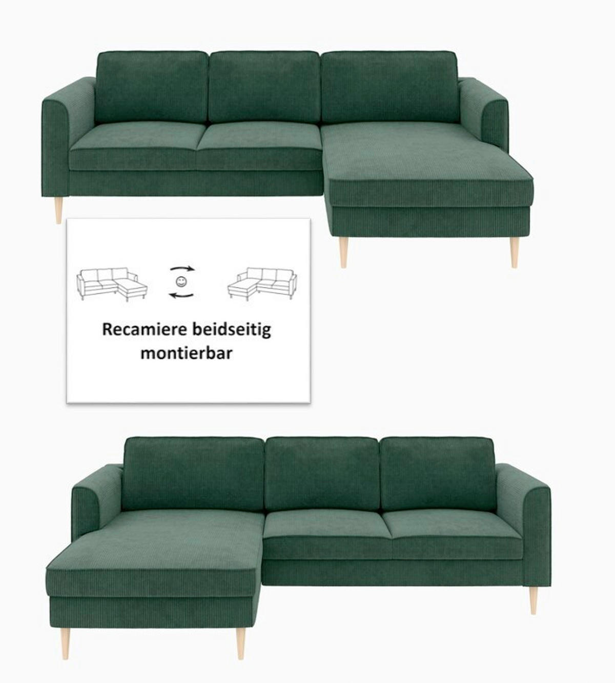 ECKSOFA  in Cord Dunkelgrün  232/161 cm  - Dunkelgrün/Buchefarben, MODERN, Holz/Textil (232/161cm) - Trendmanufaktur