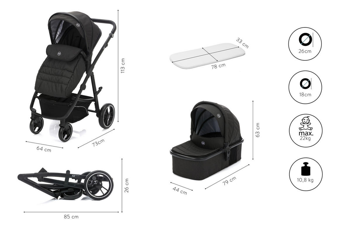 DEČJA KOLICA - SET  JAGUAR  - tamnosiva/crna, Osnovno, tekstil/metal - JAGUAR