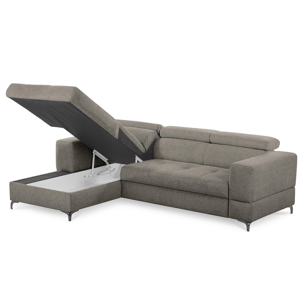 ECKSOFA TORINO Graphitfarben Chenille Bettkasten, Kopfteilverstellung  - Schwarzchrom/Graphitfarben, Design, Textil/Metall (173/247cm) - Livetastic
