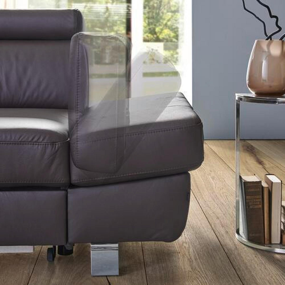 Ecksofa inkl. Funktion Dunkelbraun Kombination Echtleder/Lederlook Lederlook  - Chromfarben/Dunkelbraun, Design, Leder/Textil (265/212cm) - Stylife