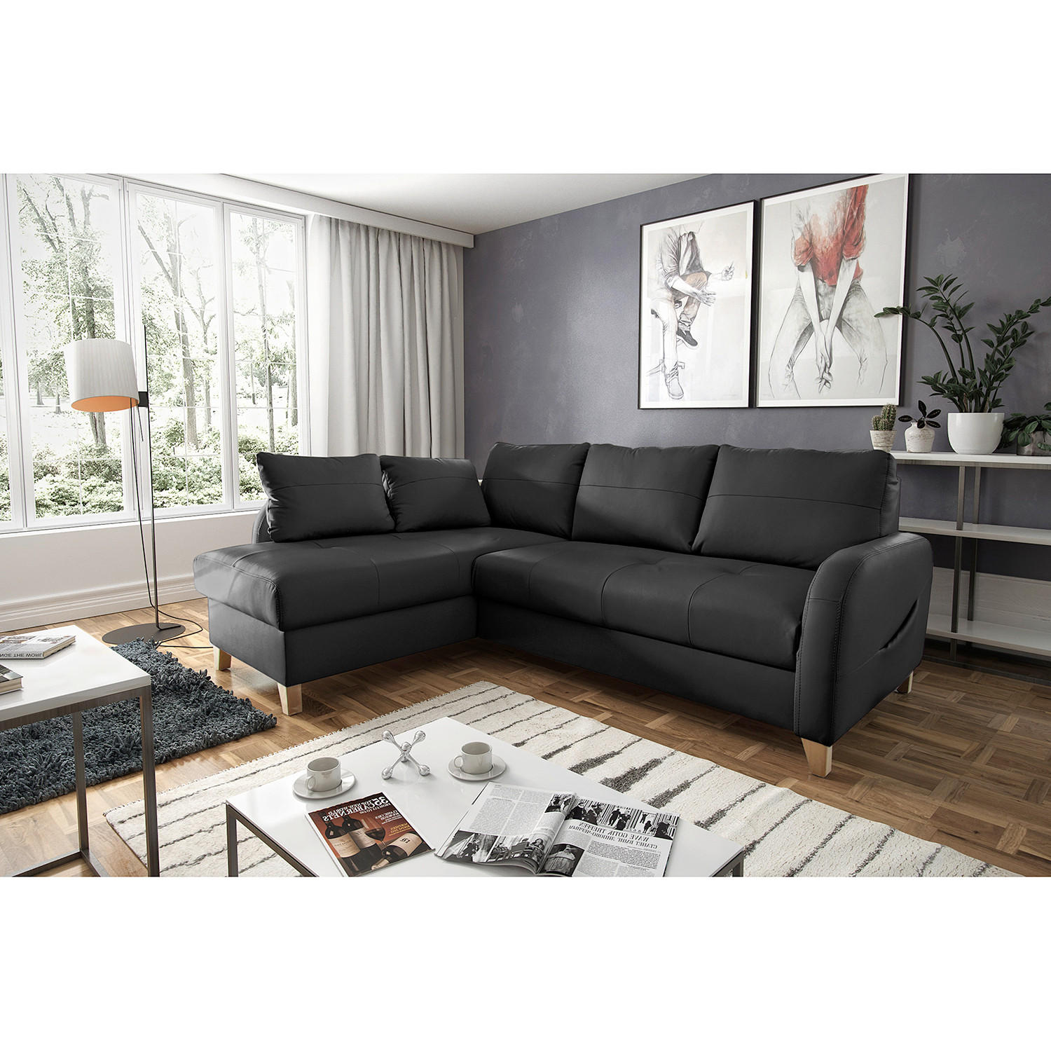 ECKSOFA Schwarz Echtleder Lederlook Bettkasten, Schlaffunktion, Rücken echt  - Buchefarben/Schwarz, Design, Leder/Holz (227/168cm) - Livetastic